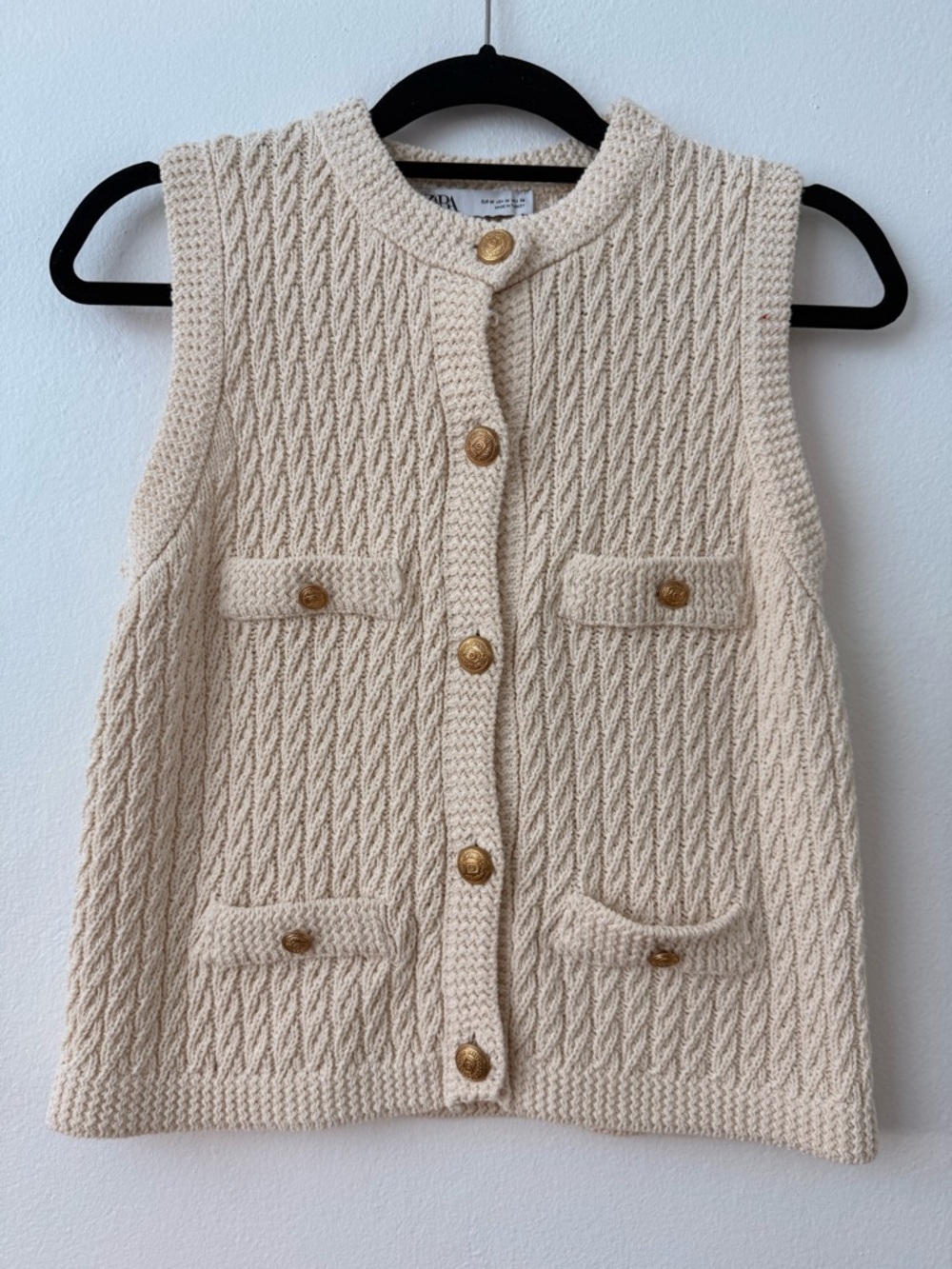 Zara Cream Cable Knit Sleeveless Cardigan with Gold Buttons